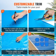 Blue 8 mil PE solar pool cover, 24x12 feet, with closed bubble design for heat retention.