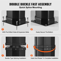 Diagram showing the two-step assembly of a black outdoor shower base and pole.