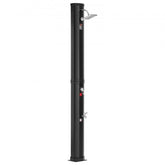 Black solar heated outdoor poolside shower with tall slim design and square showerhead