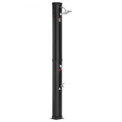 Black solar heated outdoor poolside shower with tall slim design and square showerhead