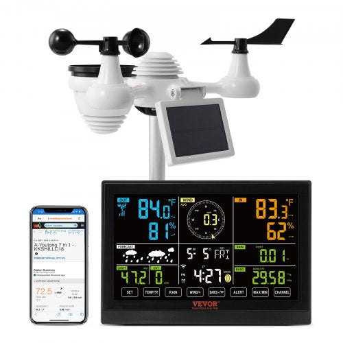 Bostome 7-in-1 Wi-Fi Weather Station with solar sensor displays weather data and time.
