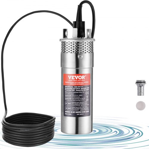 Stainless steel 12V DC solar submersible well pump with black power cord and accessories.