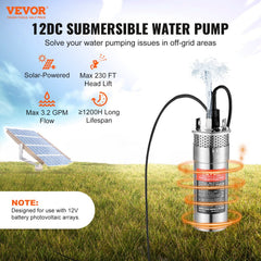Silver stainless steel 12V DC submersible solar well pump with 3.2 GPM flow and 230 ft head lift.