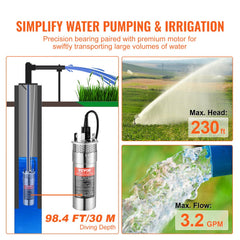 Stainless steel 12V DC solar submersible well pump with 3.2 GPM flow and 230 ft head.