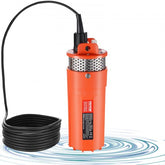 Orange 12V solar submersible well pump with black power cord and water splash base.