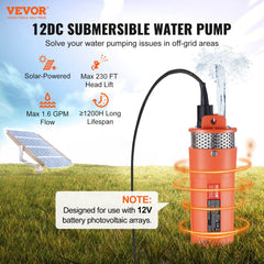 Orange 12V solar submersible well pump with 1.6 GPM flow and 230 ft head, shown in water with solar panel.