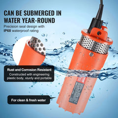 Orange solar submersible well pump with IP68 waterproof rating, stainless steel filter, and rust-resistant plastic body, shown submerged in water.