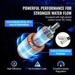 Diagram of a 12V DC submersible pump motor with carbon brushes, overheating protection, and high-efficiency features.