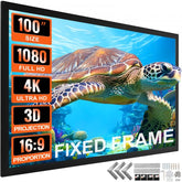 Bostome 100-inch fixed frame projector screen with aluminum frame and black velvet border.