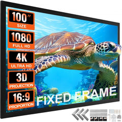 Bostome 100-inch fixed frame projector screen with aluminum frame and black velvet border.