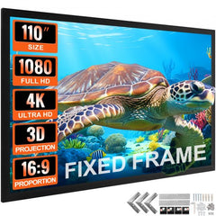 110-inch fixed frame projector screen with 16:9 aspect ratio, aluminum frame, and 4K HD support.
