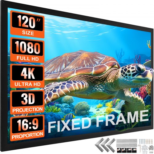 Bostome 120-inch fixed frame projector screen with black velvet border and aluminum alloy frame.