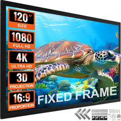 Bostome 120-inch fixed frame projector screen with black velvet border and aluminum alloy frame.