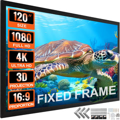 Bostome 120-inch fixed frame projector screen with a durable black velvet border and aluminum frame.