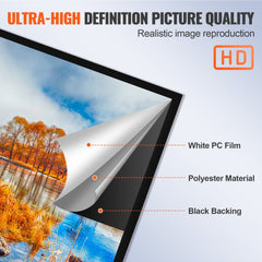 Fixed frame projector screen with 130-inch 16:9 aluminum frame and landscape image.