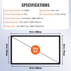 130-inch 16:9 fixed frame projector screen with aluminum frame and PVC fabric.