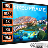 Bostome 155" 4K HD fixed frame projector screen with a black velvet border and aluminum alloy frame.