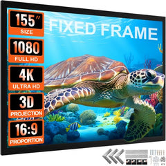 Bostome 155" 4K HD fixed frame projector screen with a black velvet border and aluminum alloy frame.