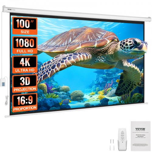 100-inch motorized projector screen with 16:9 aspect ratio and 4K HD support, shown retracted with remotes.
