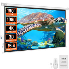 100-inch motorized projector screen with 16:9 aspect ratio and 4K HD support, shown retracted with remotes.