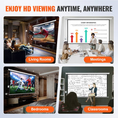 A motorized projector screen displayed in living rooms, bedrooms, meetings, and classrooms.