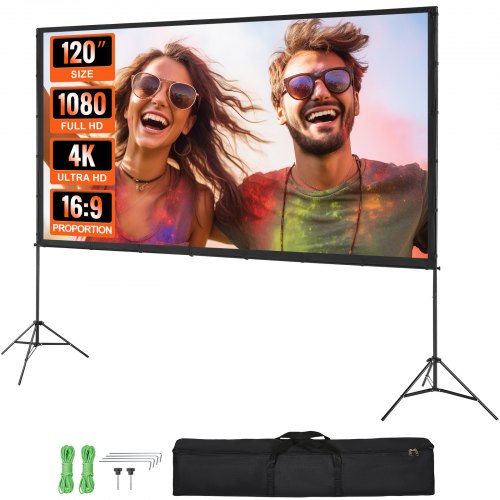 120-inch wrinkle-free outdoor projector screen with a sturdy stand for easy setup.
