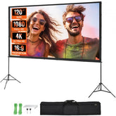 120-inch wrinkle-free outdoor projector screen with a sturdy stand for easy setup.