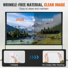 120-inch outdoor projector screen with a wrinkle-free surface and sturdy stand for easy setup.