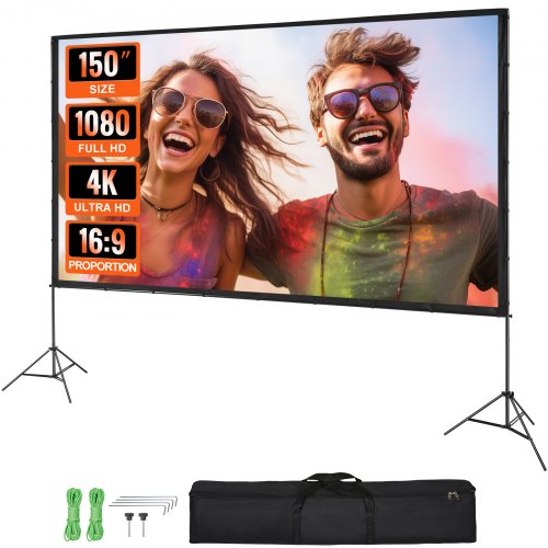 150-inch outdoor projector screen with a wrinkle-free polyester fabric and sturdy stand.