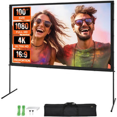 100-inch outdoor projector screen with a wrinkle-free surface and stable stand.