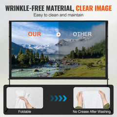 100-inch outdoor projector screen with a wrinkle-free fabric and sturdy stand for easy setup.