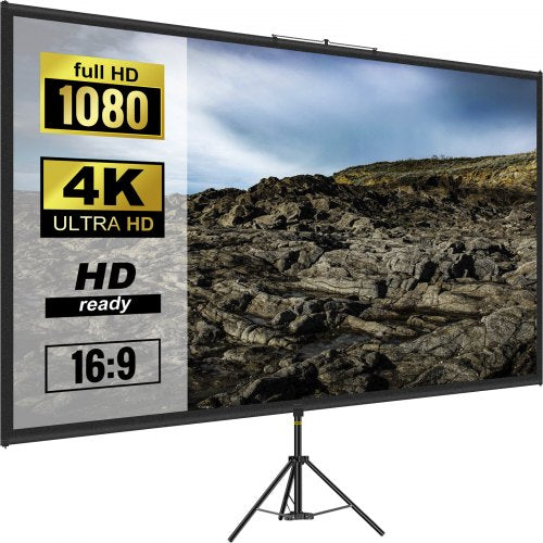 Bostome 100" 4K HD tripod projector screen with wrinkle-free surface and adjustable aluminum stand.