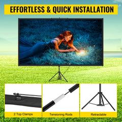 Bostome 100" tripod projector screen with a wrinkle-free polyester surface and adjustable stand.