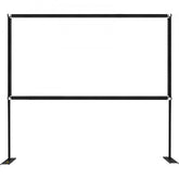 A 90-inch 16:9 HD outdoor movie screen with black aluminum stand and base.