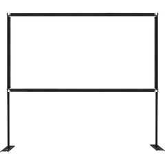 A black 90-inch 16:9 HD outdoor movie screen with aluminum stand and base.