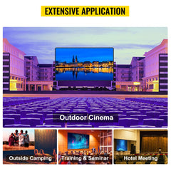 Collage showing 90-inch outdoor movie screen used for camping, seminars, hotels, and cinema.