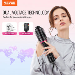 Woman holding a black Bostome dual voltage oval barrel hair blow dryer brush with pink accents.
