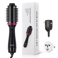 Bostome dual voltage hair blow dryer brush with 2.56-inch oval barrel, shown with box and plug.