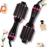 Ionic hair dryer brush with an oval barrel, nylon pins, and tufted bristles for styling.