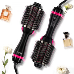 Ionic hair dryer brush with an oval barrel, nylon pins, and tufted bristles for styling.