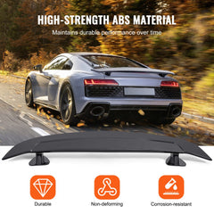 Glossy black 46.3-inch ABS GT wing spoiler for sedans and coupes, shown on a gray Audi.