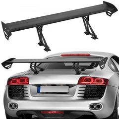 Matte black 43.3-inch adjustable aluminum GT wing spoiler mounted on a silver coupe's rear.