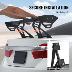 Matte black 43.3-inch adjustable aluminum GT wing spoiler installed on a white sedan trunk with secure mounting brackets.