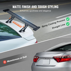 Black adjustable aluminum GT wing spoiler mounted on a white car's rear, 43.3 inches long.