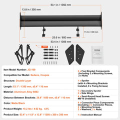 Matte black 53.1-inch adjustable aluminum GT wing spoiler for sedans and coupes.