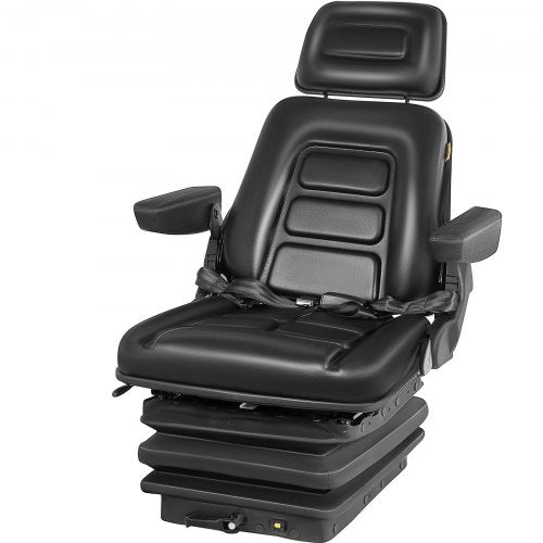 Adjustable forklift seat with backrest, armrest, and durable PVC covering for comfort.