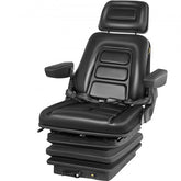 Adjustable forklift seat with backrest, armrest, and durable PVC covering for comfort.