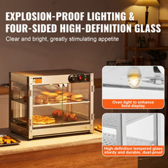 2-tier countertop food warmer display cabinet with glass door and adjustable temperature control.