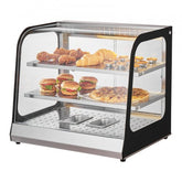 2-tier stainless steel food warmer display cabinet with tong, showcasing burgers, chicken, croissants, and pizza.