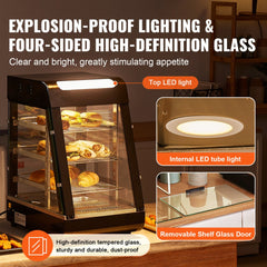 3-tier countertop food warmer display cabinet with glass panels and adjustable temperature control.